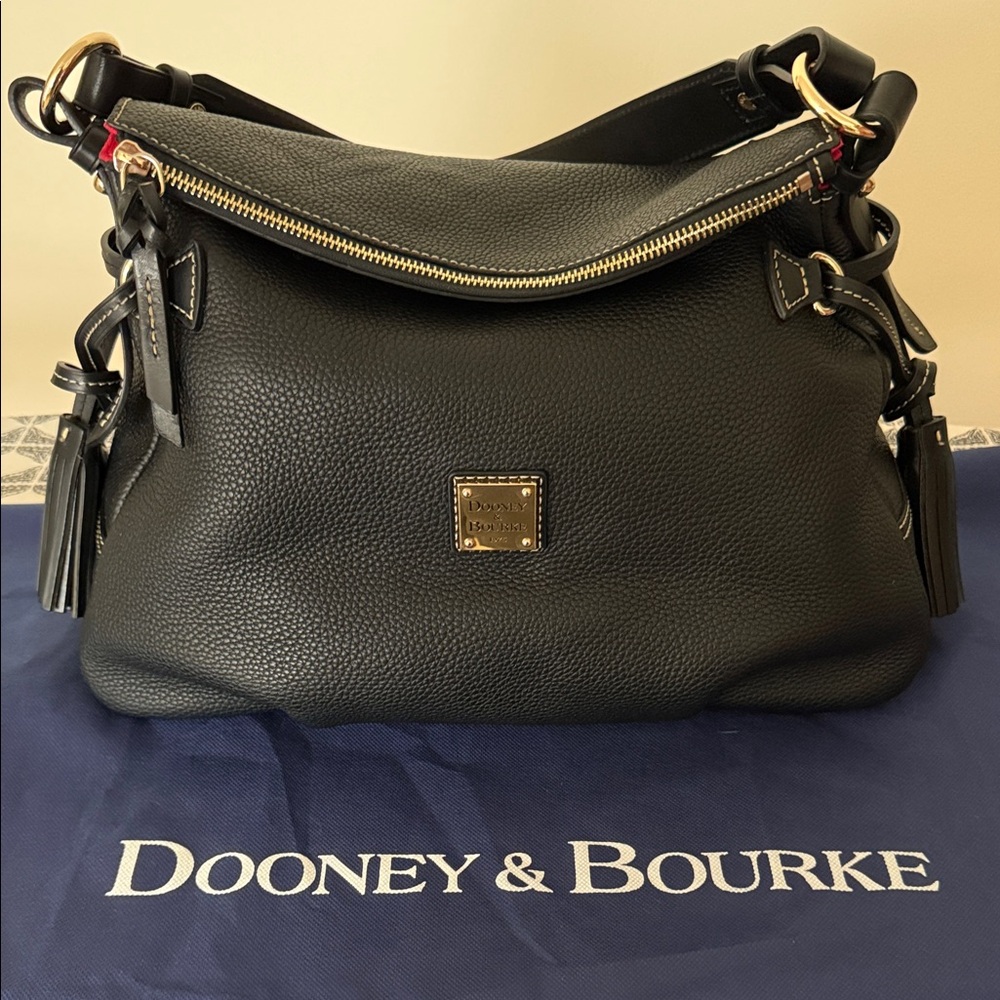 Dooney & Bourke Black Pebble Leather Hobo Bag w/ Tassel